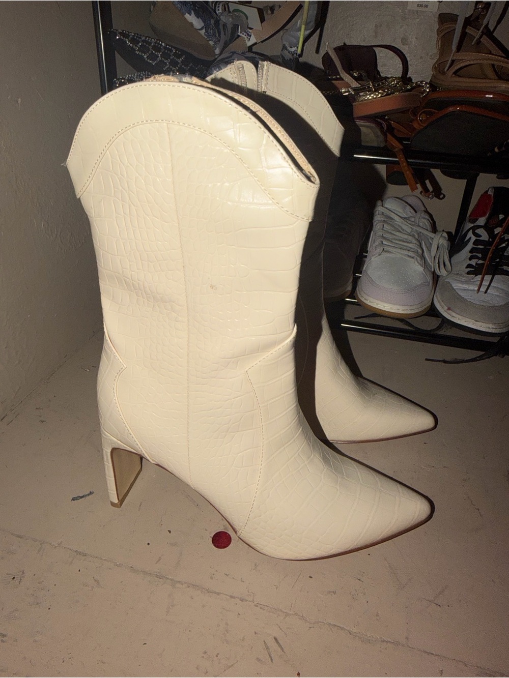 Cream Croc-Embossed Pointed Toe Western Booties